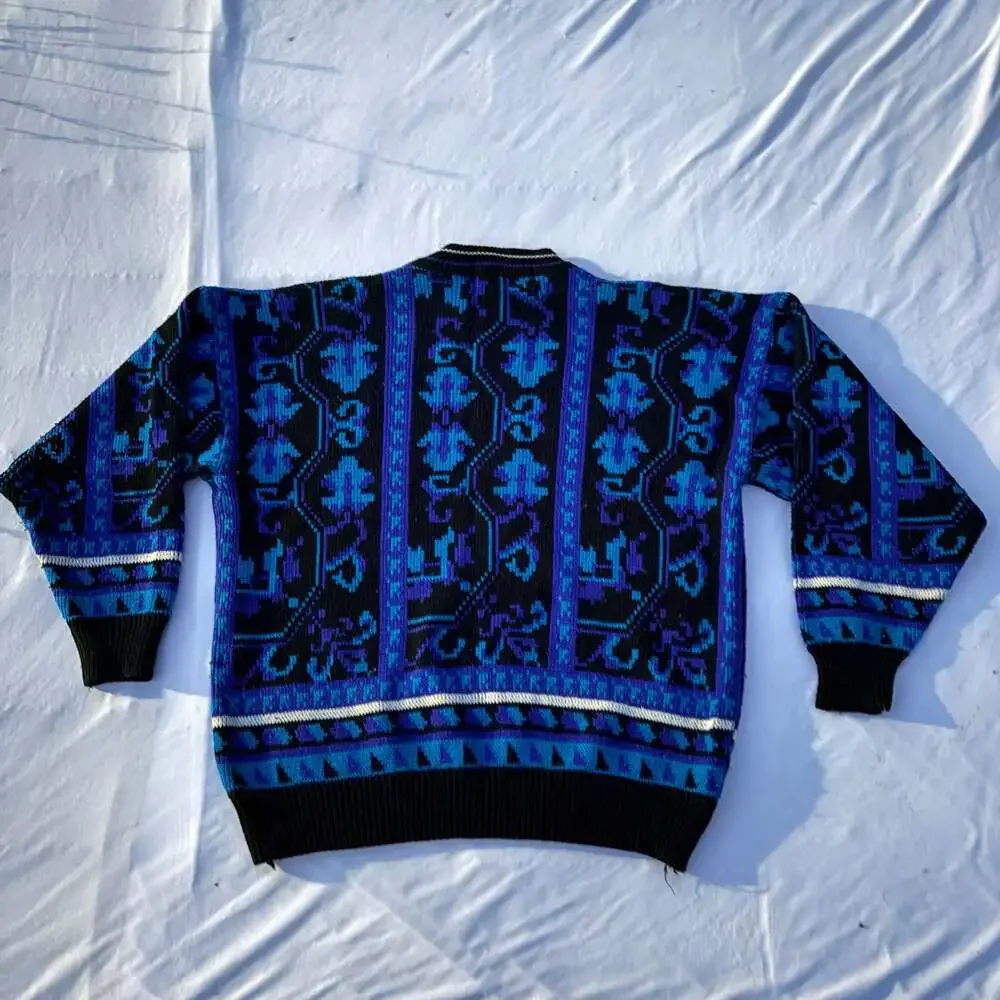 Vintage Todays News Mens Large Geometric Coogie Style Pullover Sweater Blue
